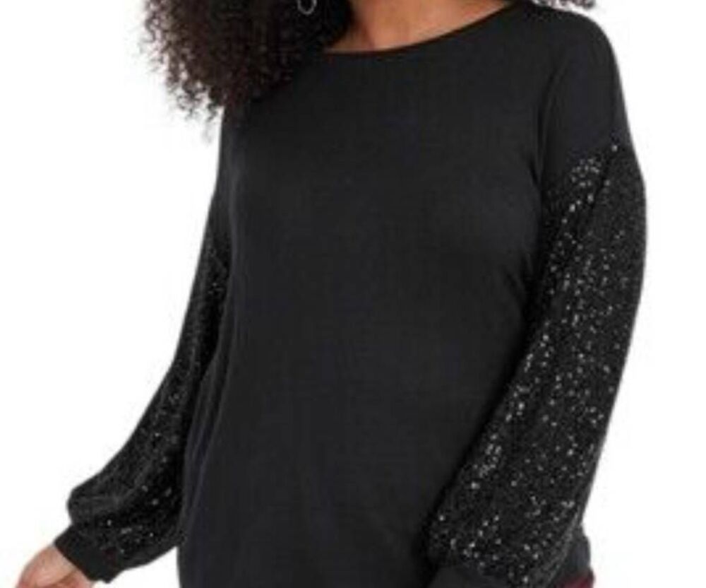Maurices black drop-shoulder knit top featuring statement sequin sleeves size 3x